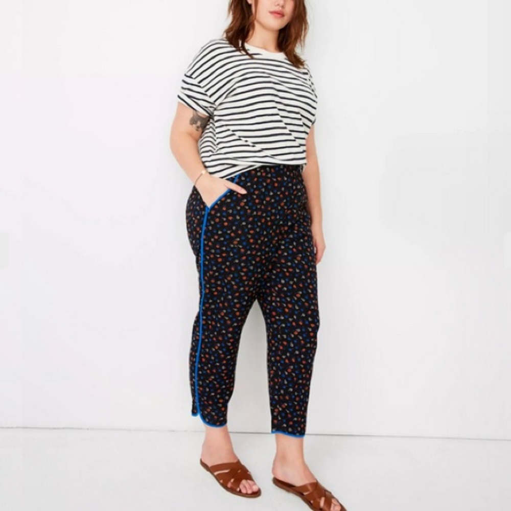 Madewell Navy Floral Trousers with Bright Blue Trim